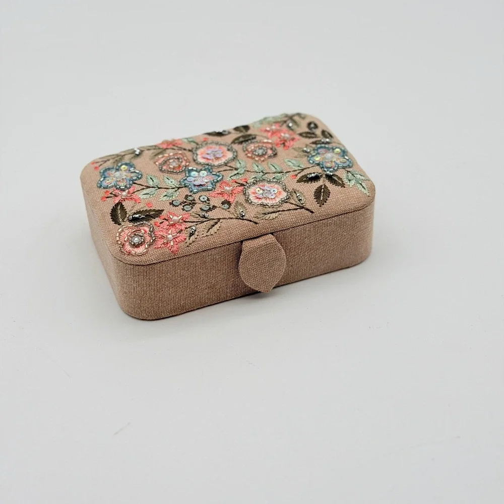 Floral Embroidered Beaded Jewelry Box Travel Case Tan Linen Boho Cottagecore